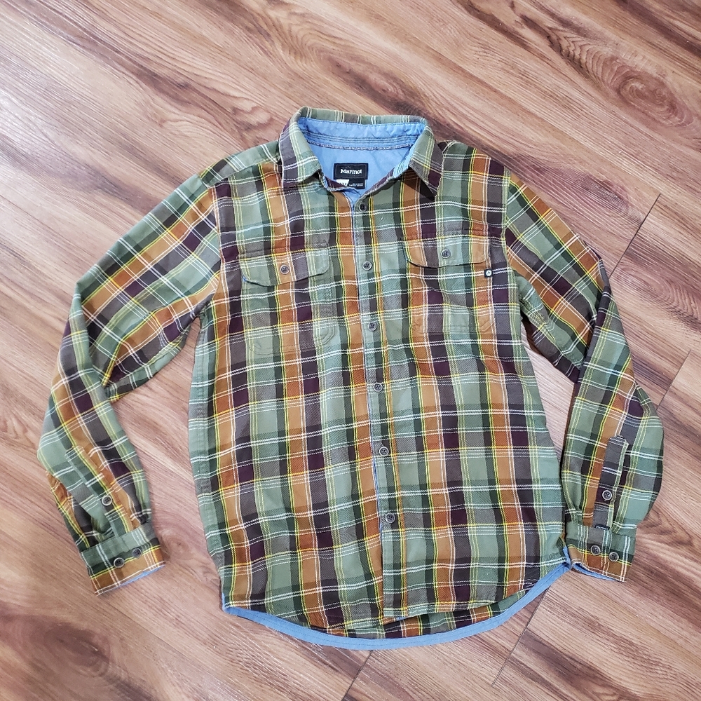 Marmot Men's Plaid Shirt Size Small - Green, Orange and Brown